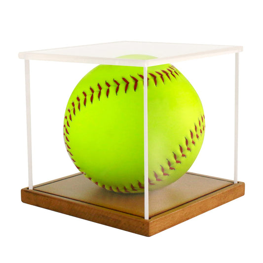 Premium 12" Softball Display Case - UV Protected Clear Acrylic Box with Wooden Base for Official Size Softballs