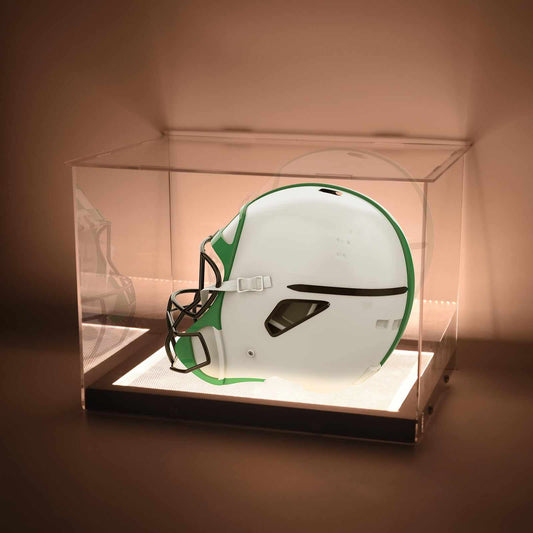 Memorabilia Mini Helmet Display Case: Adjustable LED Light, Wooden Base, Clear Acrylic