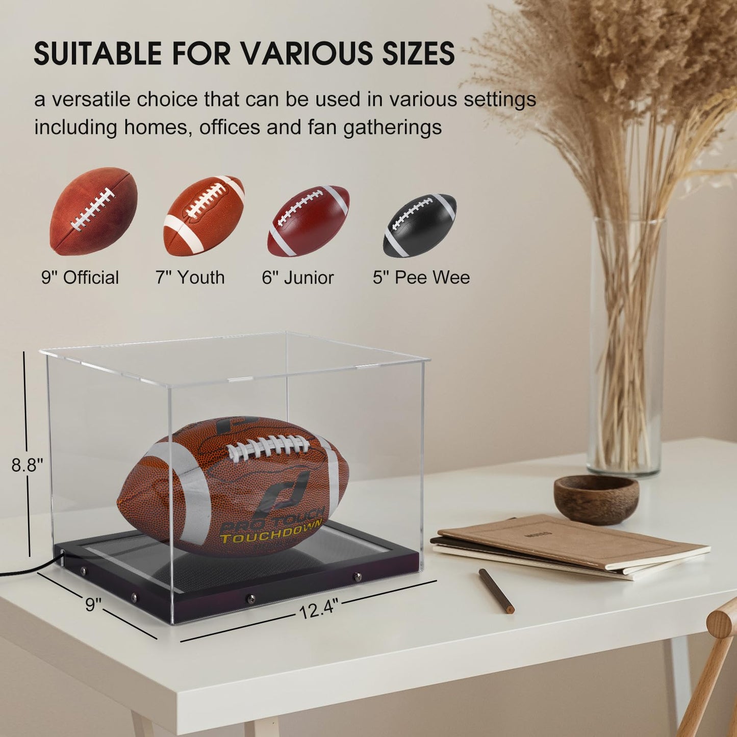 Football Display Case: LED Light, UV Protection, Wooden Base, Acrylic